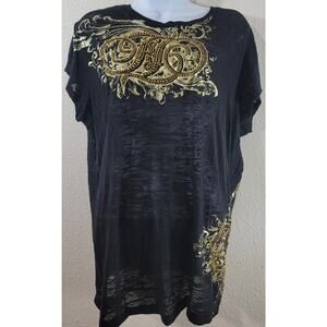 Fabulosity Black Gold Metal Studded Bodice Burnout Material Top 2X Lightweight